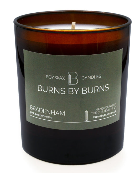 Bradenham Pink Pepper and Rose Soy Scented Candle in amber jar