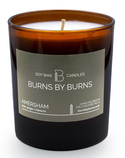 Amersham mint ginger and tobacco soy scented candle in amber jar
