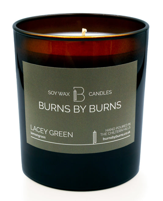 Lacey Green Lemongrass essential oil Soy Scented Candle in amber jar