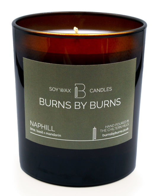 Naphill Lime Basil and Mandarin Soy Scented Candle in amber jar