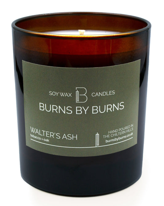 Walters Ash Tobacco and Oak Soy Scented Candle in amber jar