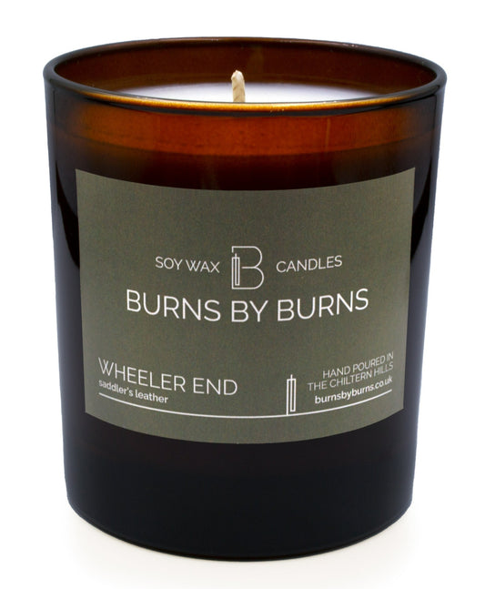 Wheeler End Saddler's Leather Soy Scented Candle in amber jar